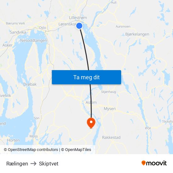 Rælingen to Skiptvet map