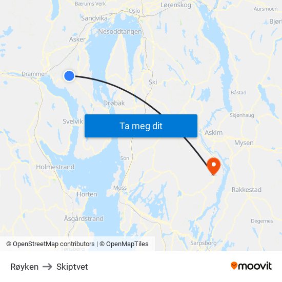 Røyken to Skiptvet map