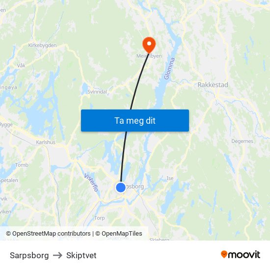 Sarpsborg to Skiptvet map