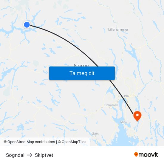 Sogndal to Skiptvet map