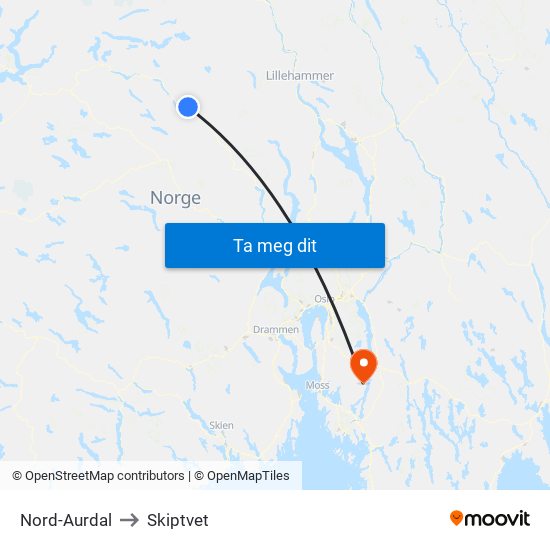 Nord-Aurdal to Skiptvet map