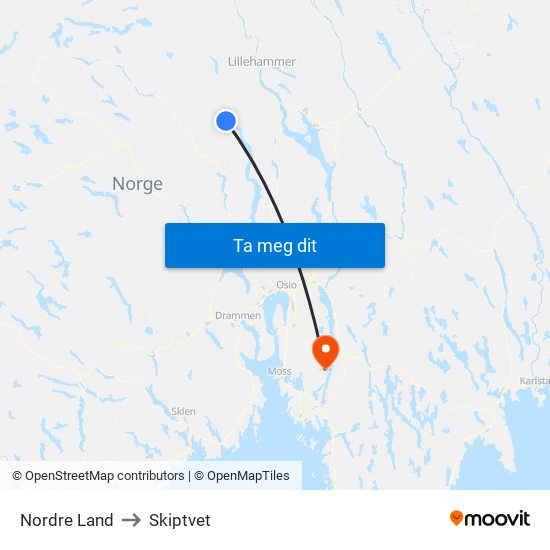 Nordre Land to Skiptvet map