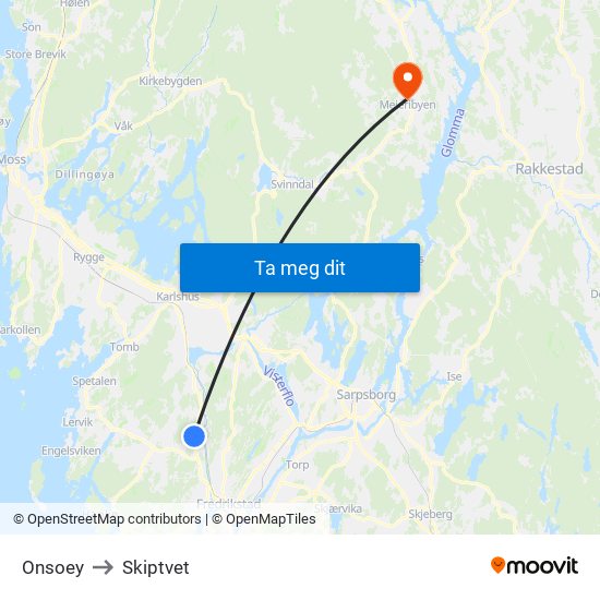 Onsoey to Skiptvet map