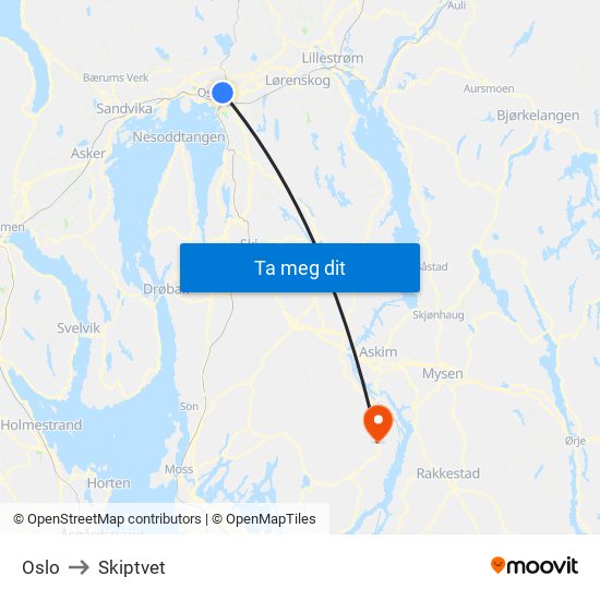 Oslo to Skiptvet map