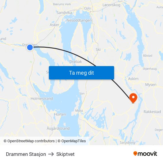 Drammen Stasjon to Skiptvet map