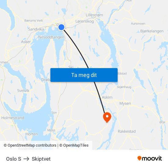 Oslo S to Skiptvet map