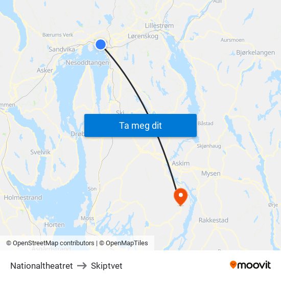 Nationaltheatret to Skiptvet map