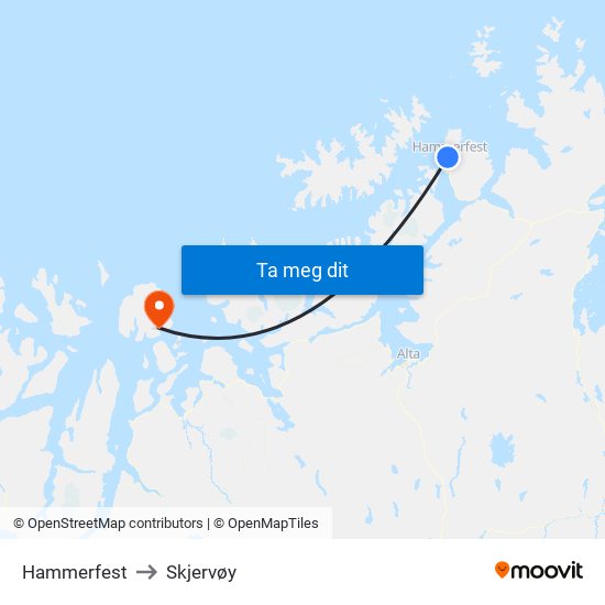 Hammerfest to Skjervøy map