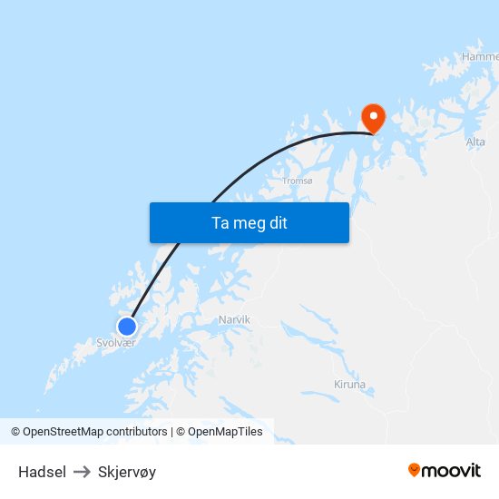 Hadsel to Skjervøy map