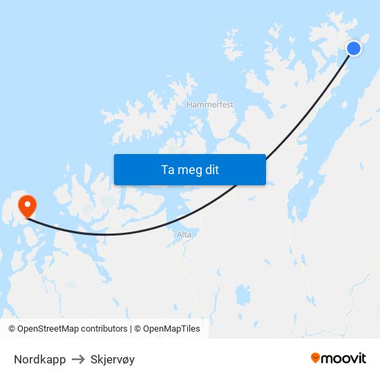 Nordkapp to Skjervøy map