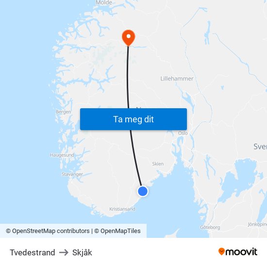 Tvedestrand to Skjåk map