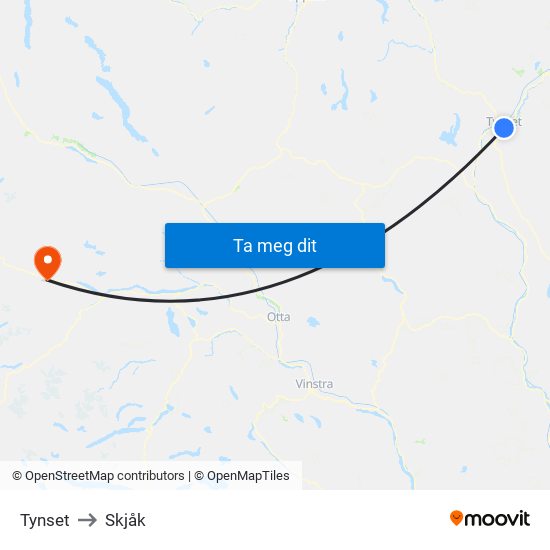 Tynset to Skjåk map