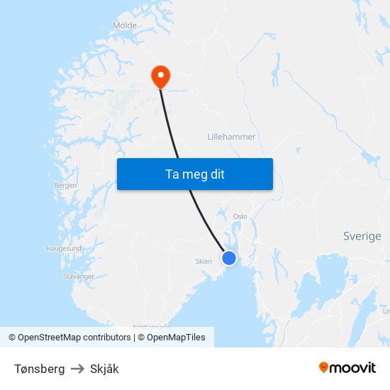 Tønsberg to Skjåk map