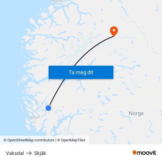 Vaksdal to Skjåk map