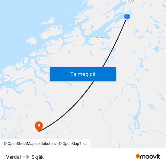 Verdal to Skjåk map