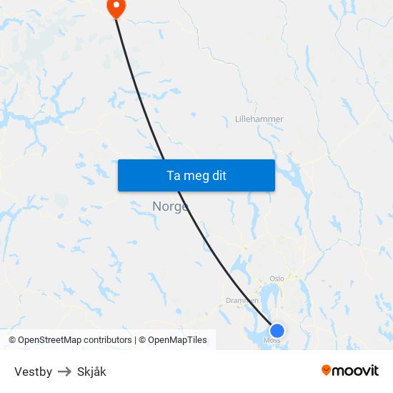 Vestby to Skjåk map