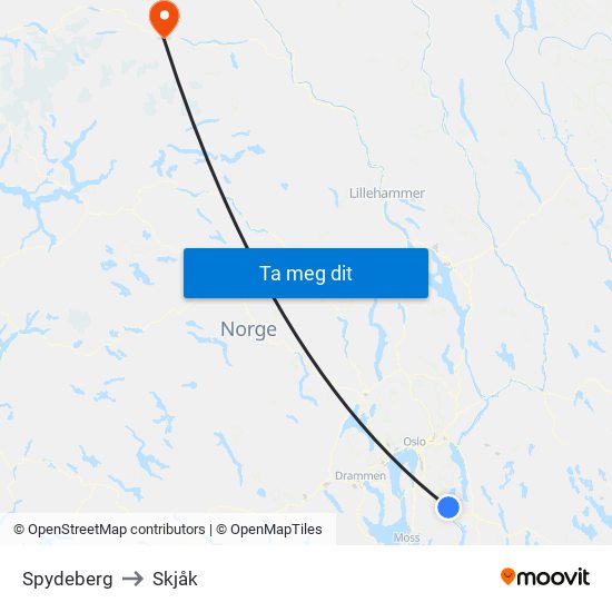 Spydeberg to Skjåk map