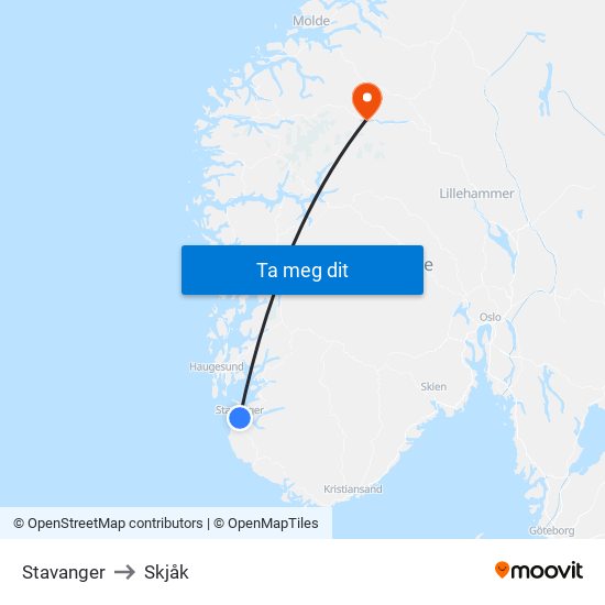 Stavanger to Skjåk map