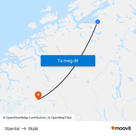 Stjørdal to Skjåk map