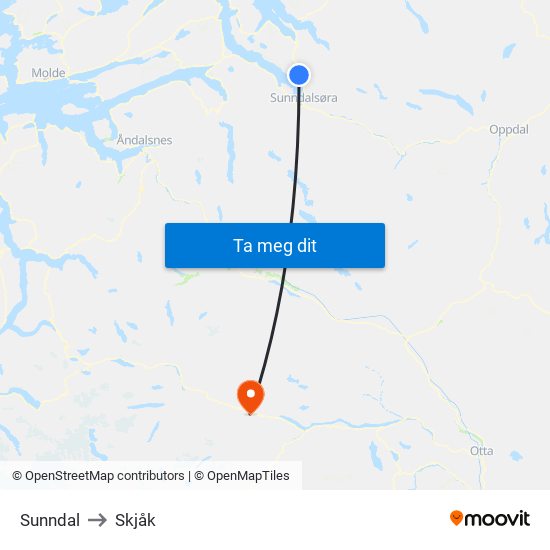 Sunndal to Skjåk map