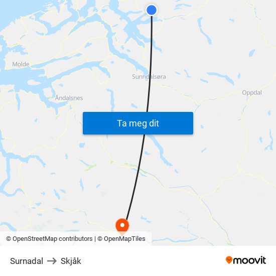 Surnadal to Skjåk map