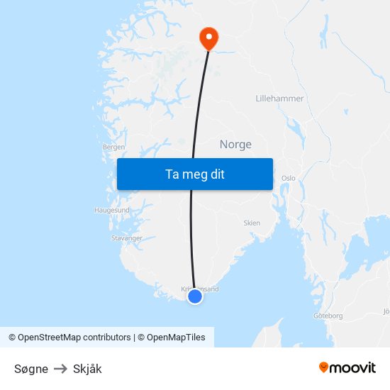 Søgne to Skjåk map