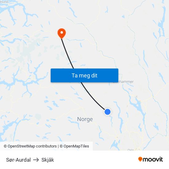 Sør-Aurdal to Skjåk map