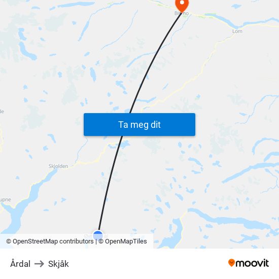 Årdal to Skjåk map