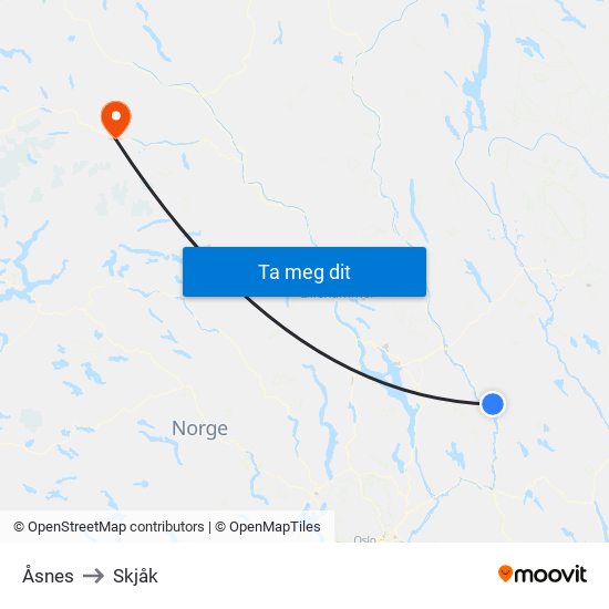 Åsnes to Skjåk map