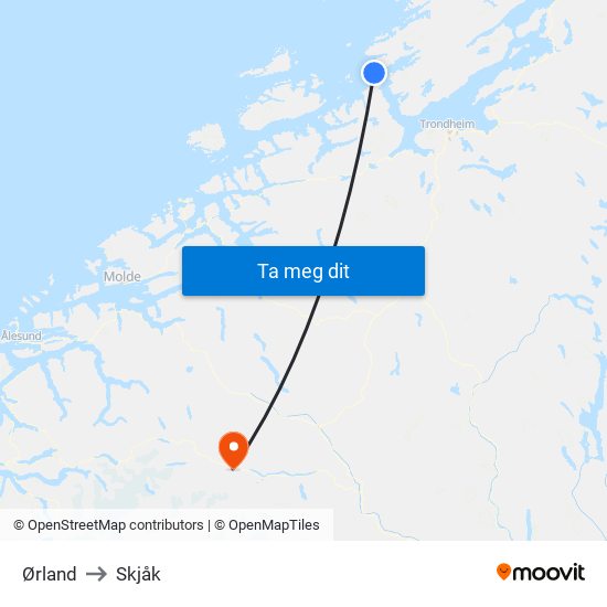 Ørland to Skjåk map