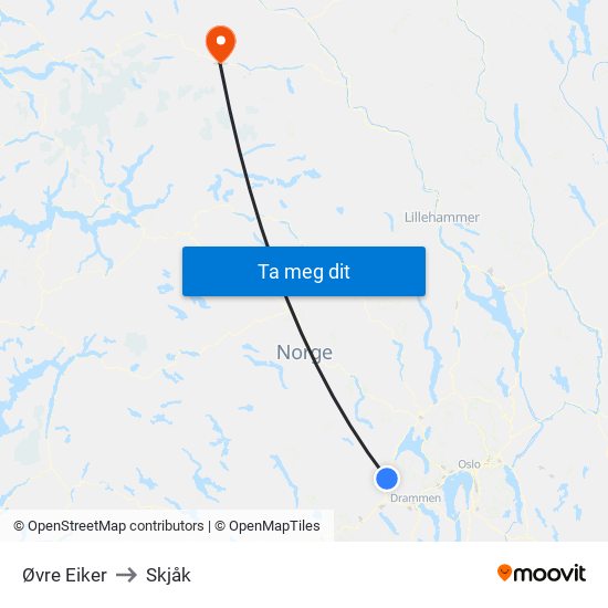Øvre Eiker to Skjåk map