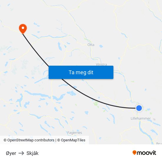 Øyer to Skjåk map