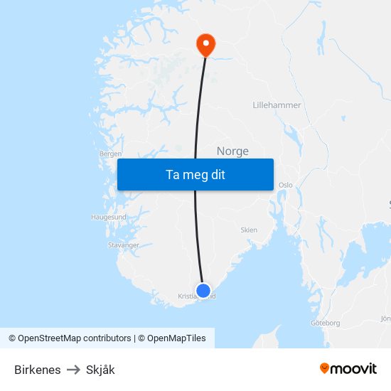 Birkenes to Skjåk map