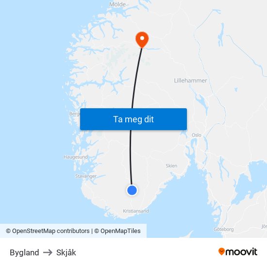 Bygland to Skjåk map