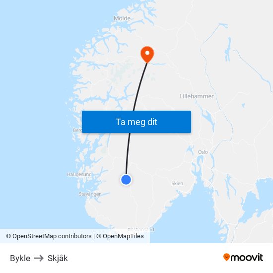 Bykle to Skjåk map