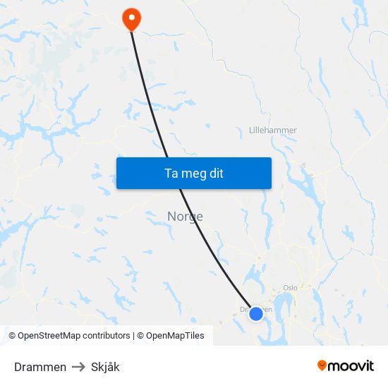 Drammen to Skjåk map