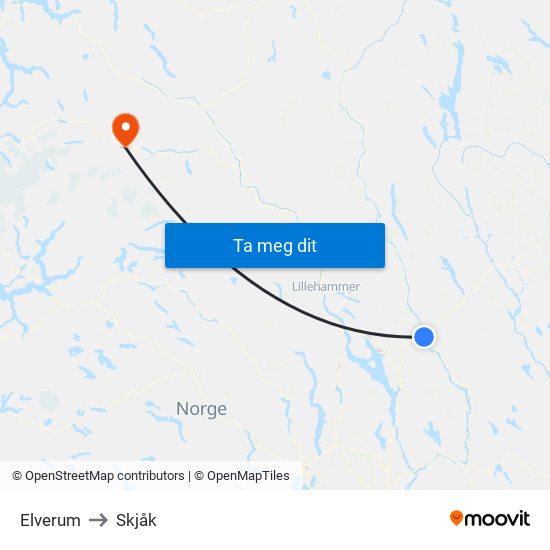 Elverum to Skjåk map