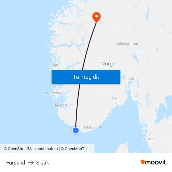 Farsund to Skjåk map