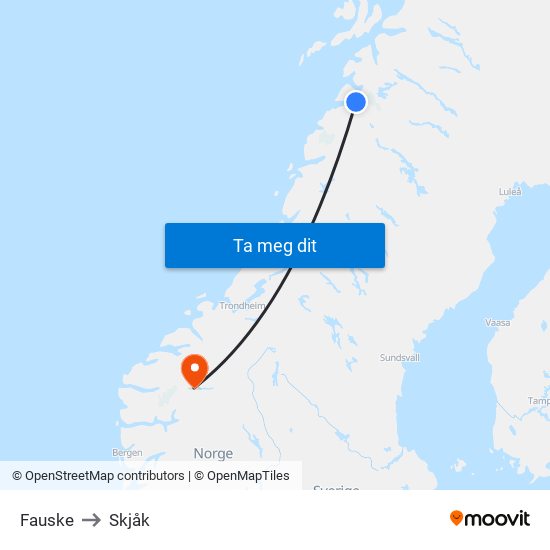 Fauske to Skjåk map