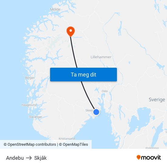 Andebu to Skjåk map