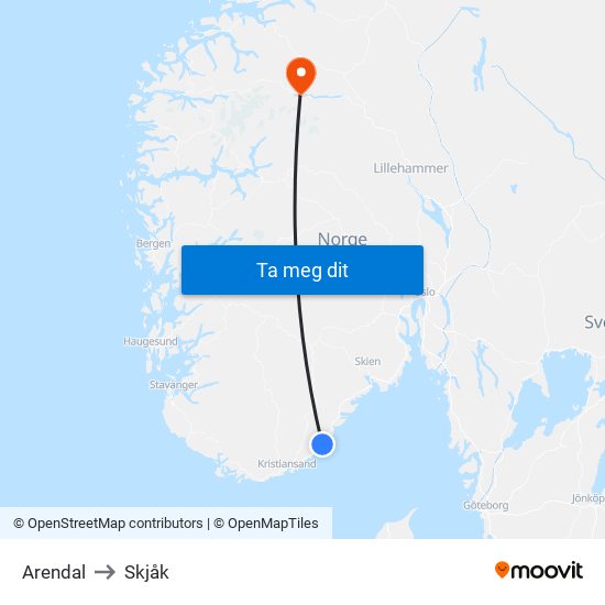 Arendal to Skjåk map
