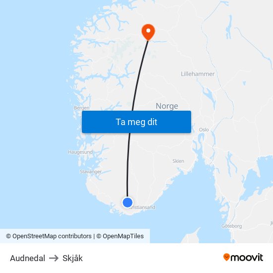 Audnedal to Skjåk map