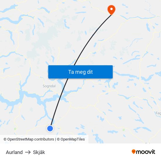 Aurland to Skjåk map
