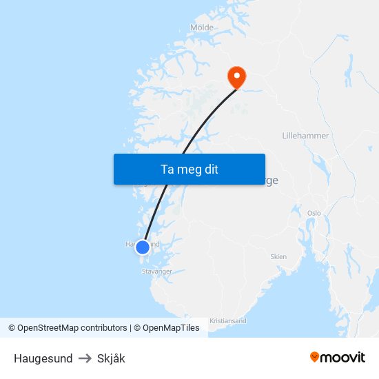 Haugesund to Skjåk map