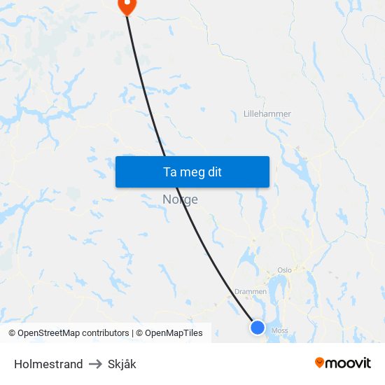 Holmestrand to Skjåk map