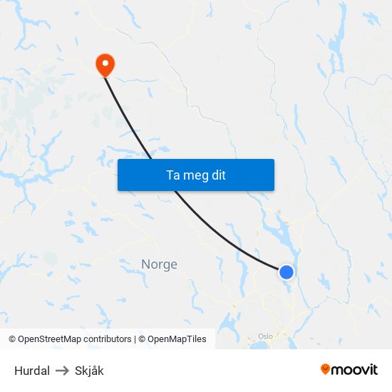 Hurdal to Skjåk map