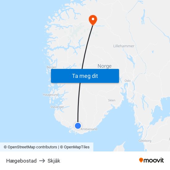 Hægebostad to Skjåk map