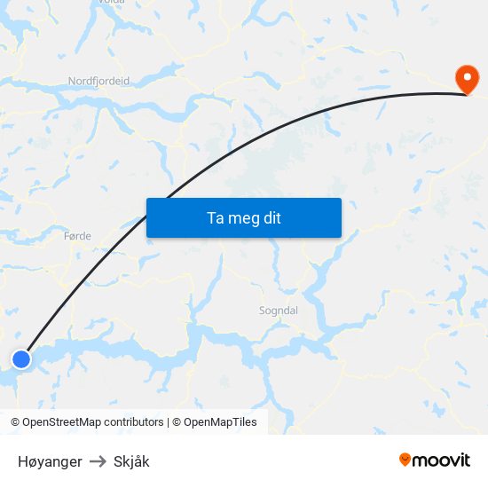 Høyanger to Skjåk map