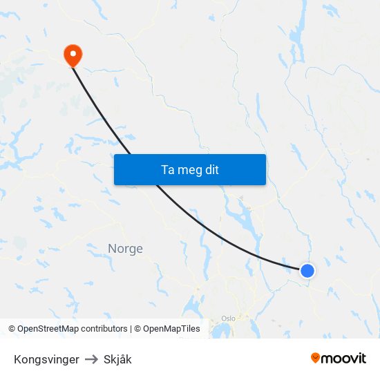 Kongsvinger to Skjåk map