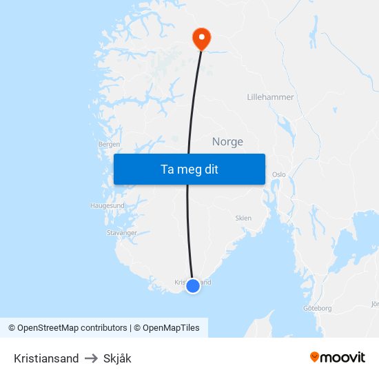 Kristiansand to Skjåk map